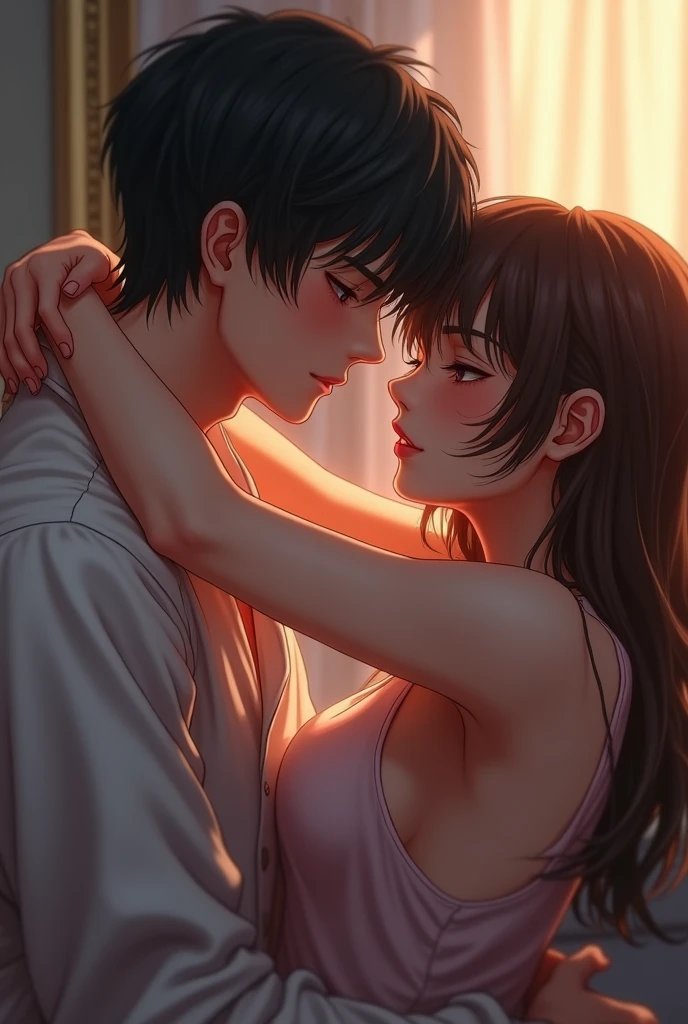 Make a yaoi of a boy x boy and the alpha has black hair with straight hair, and that the omega has straight brown hair