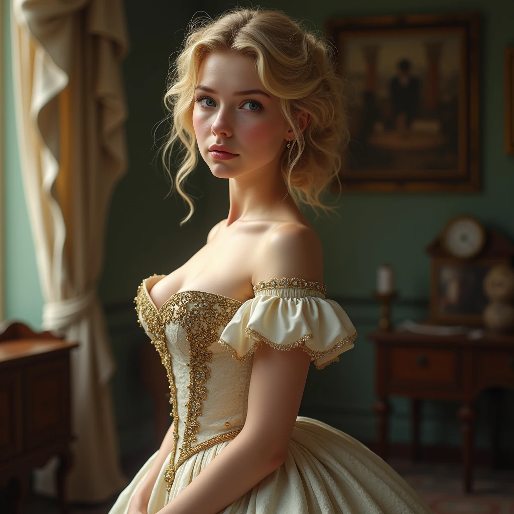 Blonde age girl with light blue eyes, perfect and attractive face having big breasts, thick thighs, thin waist, wide hips, big and very fat ass,defined belly wearing dress from the time of 1899