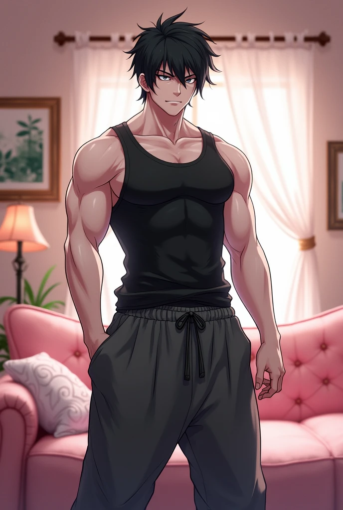 an adult guy, disheveled black hair, slanted black eyes, white skin, muscular body, with a black tank top, background is a feminine room, Counterfeit-V3.0, anime version