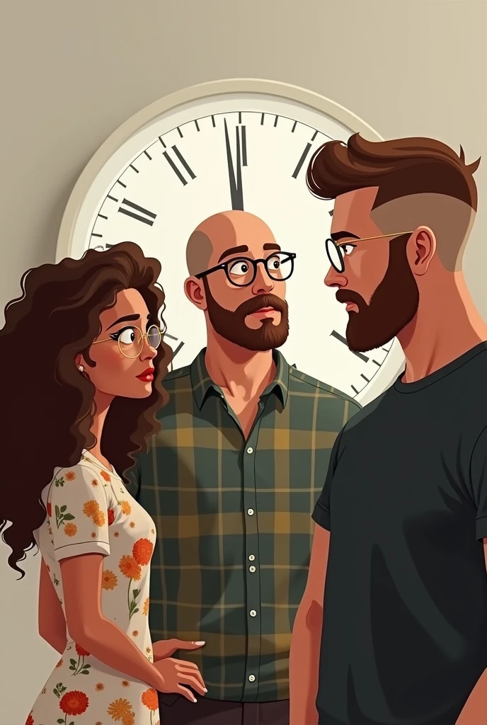 Make a bald man with round glasses short brown hair and beard with plaid shirt, in the middle, woman with long brown curly hair wearing gold-framed glasses and a floral dress . On the other side, man with shaved hair, military style, brown beard and black t-shirt. The three are counting that there are 4 months left until the end of the year.