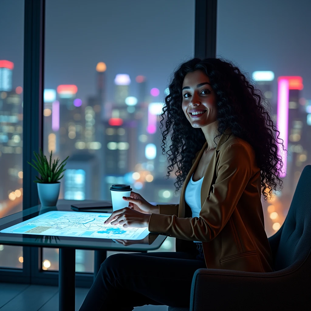 realistic photo of a (pretty girl, 20 years old, brunette, black eyes) seat down in front a short glass table with a screen built inside resembling "Microsoft Surface" , (full lips) , ((perfect face)), [[mild smile]], proportionate body,mixed herritage, beautyfull, beautyfull face, tanned skin, two arms, two legs, five fingers by hand, full body, (curly black long hair), girl in confortable office clothing seat down in front of a short table being itself a screen, virtual documents and maps into table-screen, horizontal screen, Coffe cup over glass-screen-table, paper notepad and smartphone over glass-screen-table, confortable appartament into glass building, night neon cyberpunk city behind huge glass panels. Non-asian