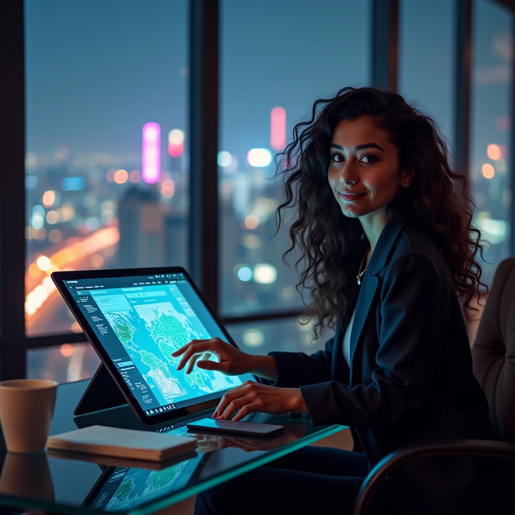 realistic photo of a (pretty girl, 20 years old, brunette, black eyes) seat down in front a short glass table with a screen built inside resembling "Microsoft Surface" , (full lips) , ((perfect face)), [[mild smile]], proportionate body,mixed herritage, beautyfull, beautyfull face, tanned skin, two arms, two legs, five fingers by hand, full body, (curly black long hair), girl in confortable office clothing seat down in front of a short table being itself a screen, virtual documents and maps into table-screen, horizontal screen, Coffe cup over glass-screen-table, paper notepad and smartphone over glass-screen-table, confortable appartament into glass building, night neon cyberpunk city behind huge glass panels. Non-asian