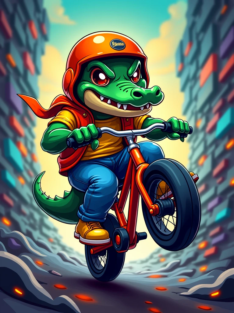 A logo 2D e-sport, a Crocodile, orange wearing helmet, a jean blue, shoes golden is riding on a balance bike and dangling its legs with a cool image, more detail, enhanced, poakl