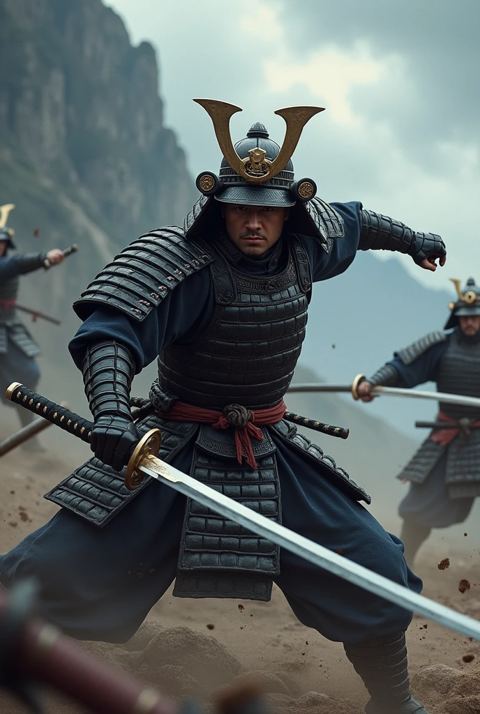 draw a samurai fighting several enemies