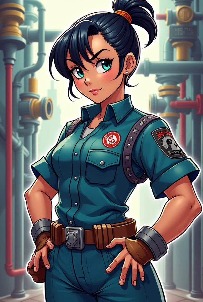 PLUMBER WITH SAMURAI PONYTAIL CUT,METALLIC CARTOON STYLE 