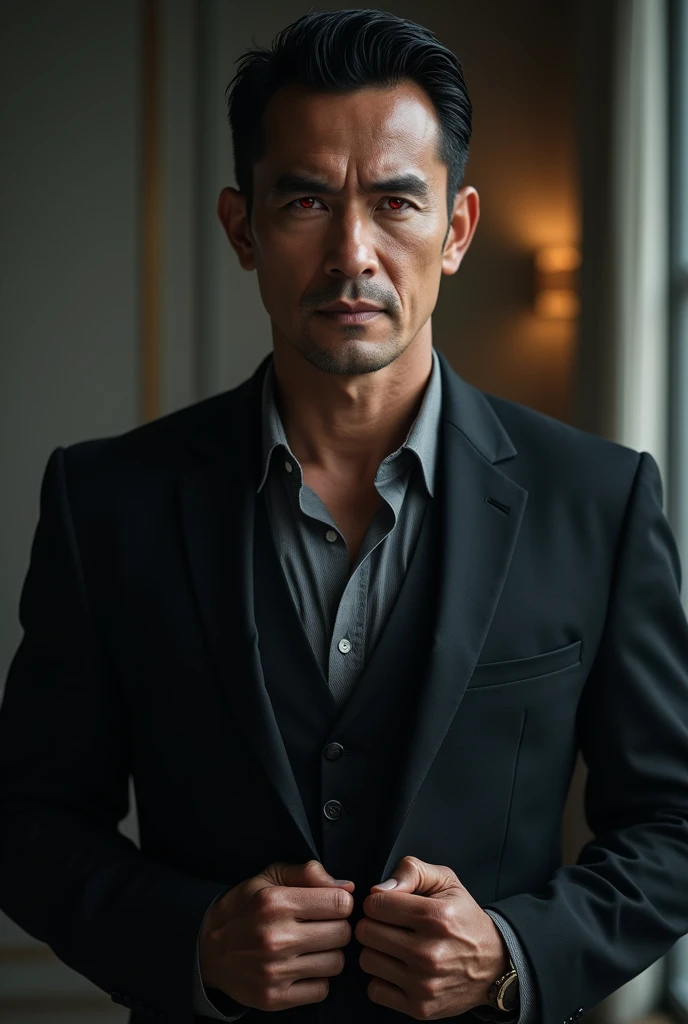 (best quality, masterpiece, 8K, photorealistic, cinematic lighting, 1:4 hdr image, ultra detailed, beautiful image), a mature man, very handsome, ((cold expression)), short black hair, red eyes, face perfect without mistakes, ((buttoning his jacket, CEO))