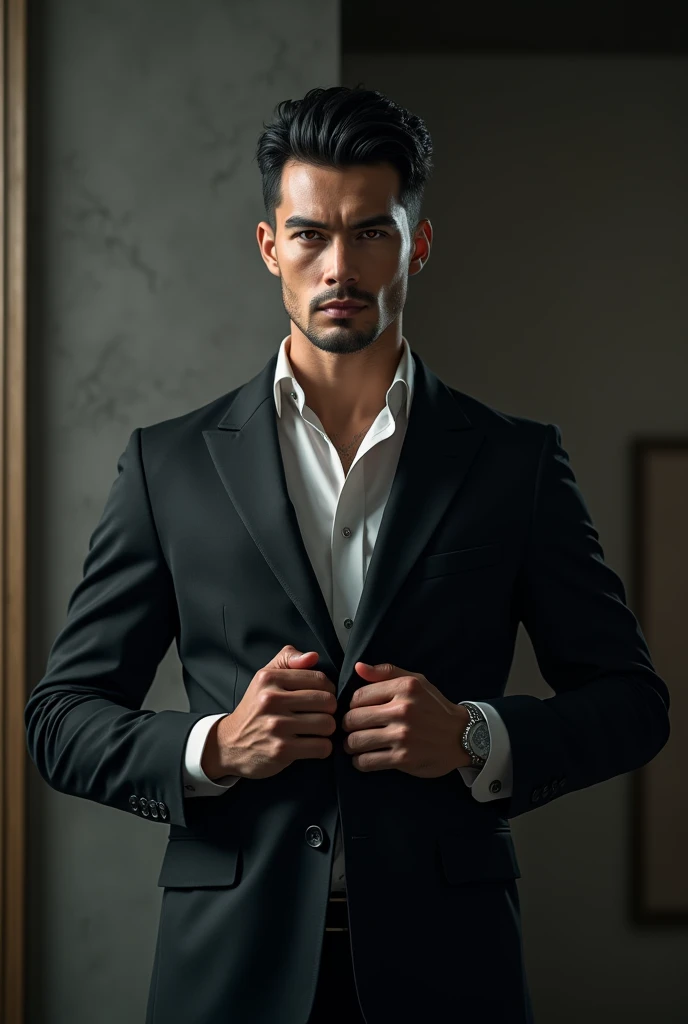 (best quality, masterpiece, 8K, photorealistic, cinematic lighting, 1:4 hdr image, ultra detailed, beautiful image), a mature man, very handsome, ((cold expression)), short black hair, red eyes, face perfect without mistakes, ((buttoning his jacket, CEO))