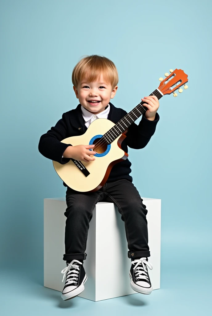 create a male boy, age 1, short blond hair with bangs, white skin, brown eyes, freckles on his face, smiling, wearing a black winter blouse, white shirt, black jeans and black high top all star sneakers, holding a guitar, cream color with blue, sitting on a white cube photos in photo studio light blue background