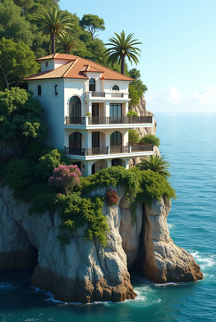 Une maison a flanc de falaise surplombant la mer. Le tout dans une vegetation exotique.