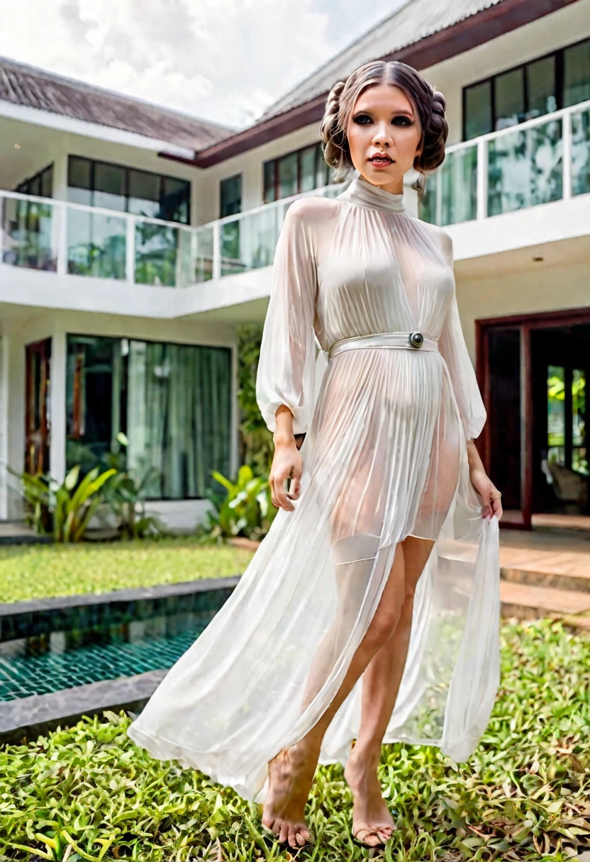 A cute woman portraying Princess Leia (sheer white airy dress, no underwear, iconic hairdo), she is acting overly dramatic as she walks around the outside of a modern house, Thailand