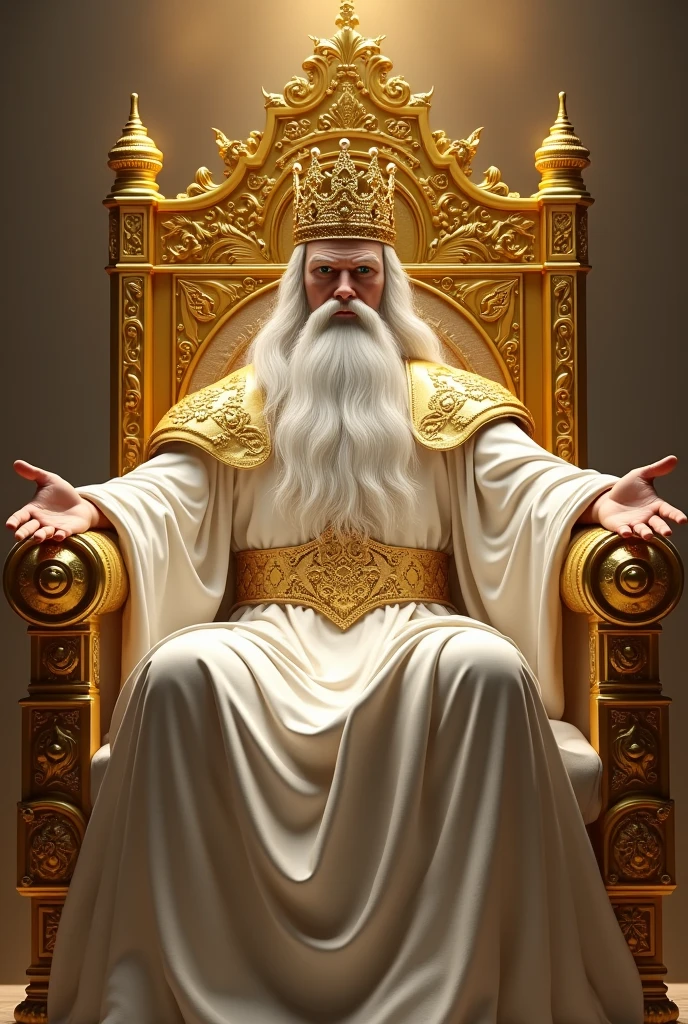 a great king sitting and leaning on a great and exalted throne all of gold, with open arms. This king has a big white beard, very long white hair, white skin and a golden crown on his head. This being has white clothes, a golden belt and shoulder armor. this king is powerful and majestic.