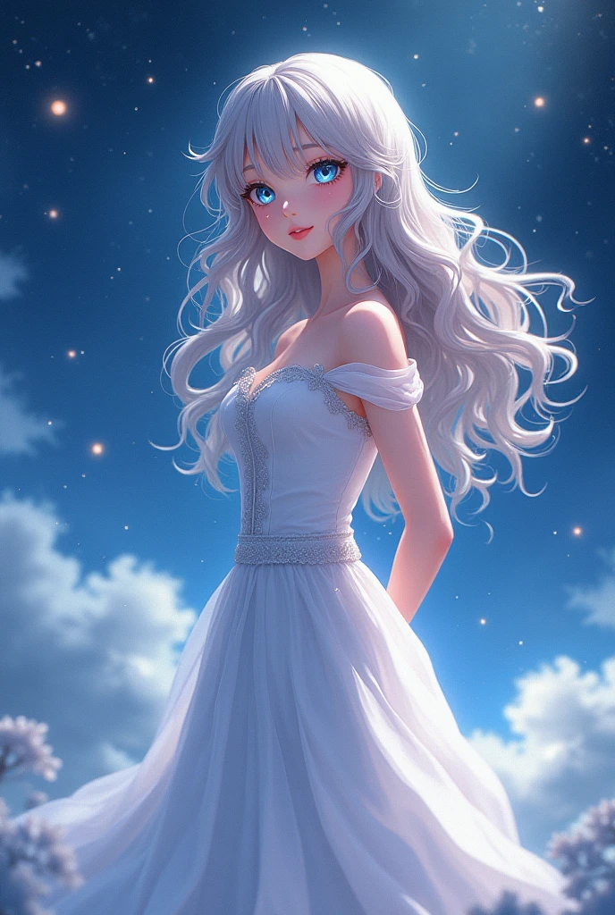 Anime-style illustration, breathtaking masterpiece, best quality, CG 8k wallpaper, featuring an enchanting girl in a white court dress, moonlight illuminating her form, stunning intricacies in brush strokes enhancing the visual detail, smooth textures and a dynamic composition portraying a sense of motion, solo character centered in the frame, full depiction, extremely detailed with captivating, expressive eyes, long flowing curly hair shimmering in the moonlight, captivating blue eyes sparkling with wonder, hands gracefully positioned behind her back, perfectly framed against a stunning cosmic backdrop with twinkling stars, swirling galaxies adding depth and celestial ambiance, ray-traced lighting effects creating an ethereal glow, subtle depth of field enhancing the focus on the character while the background shimmers with cosmic wonders, breathtaking blend of colors and hues, finely detailed rendering capturing every nuance and emotion of the character, a whimsical yet graceful representation of beauty in an anime art style, designed to evoke a sense of awe and admiration in the viewer.