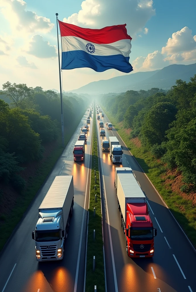 A two-lane road seen from above with trucks circulating and the Paraguayan flag in the background🇵🇾