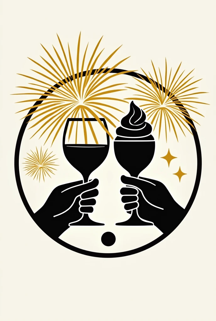 Create a logo in black and gold with a ball and in the center two hands toasting with a glass and another with an ice cream, and fireworks in the background 