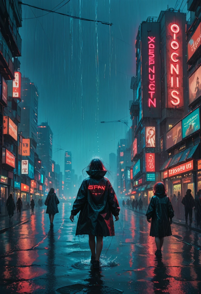 futiristic world, flying ships, cyberpunk style city, neon lights, giant advertising signs, environmental pollution, cyborg women, white and red pill advertising, rain, at night, zoomed image, from afar, people walking, cinema style , high quality, highly detailed, huge skyscraper, girl playing in the rain