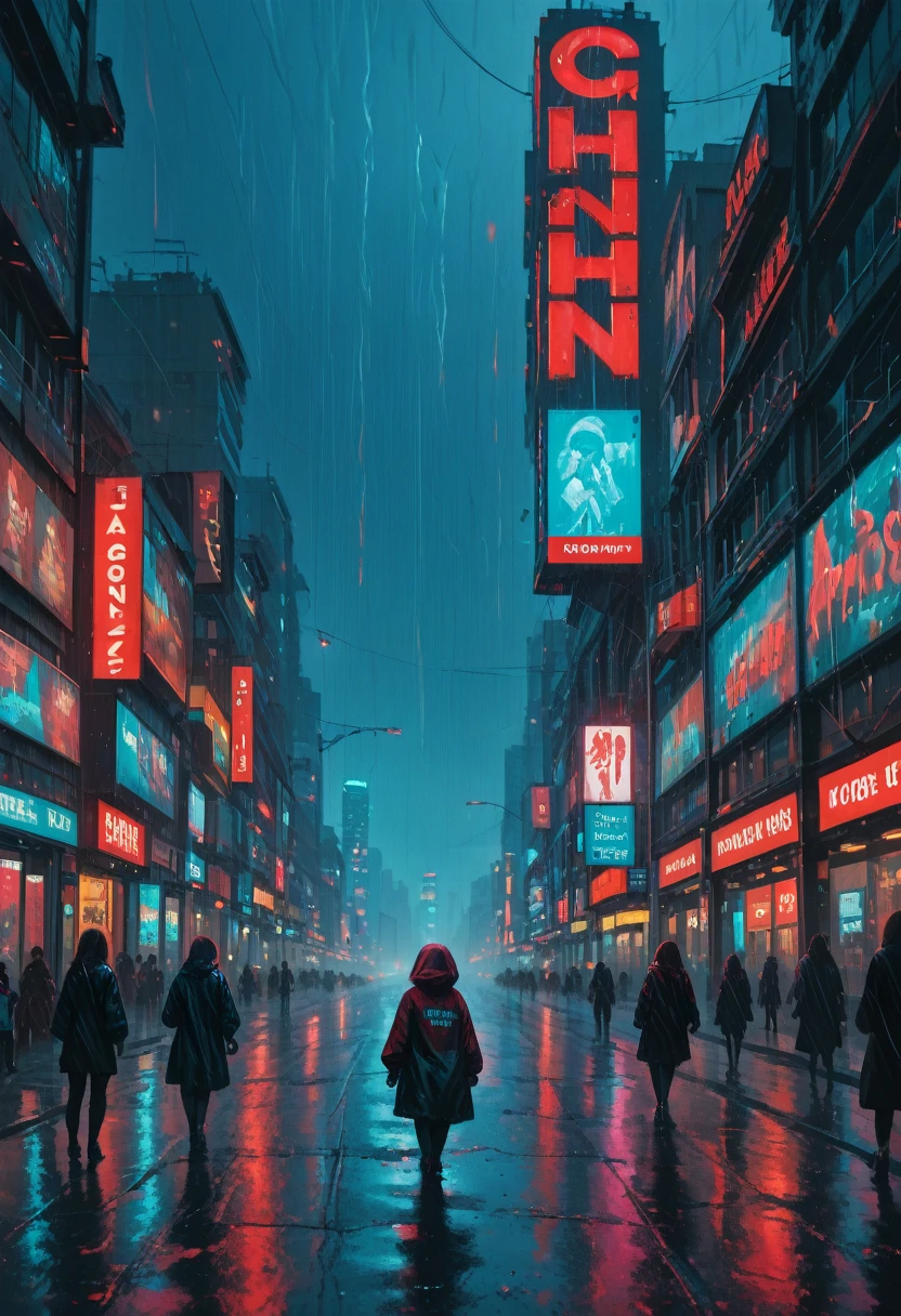 futiristic world, flying ships, cyberpunk style city, neon lights, giant advertising signs, environmental pollution, cyborg women, white and red pill advertising, rain, at night, zoomed image, from afar, people walking, cinema style , high quality, highly detailed, huge skyscraper, girl playing in the rain