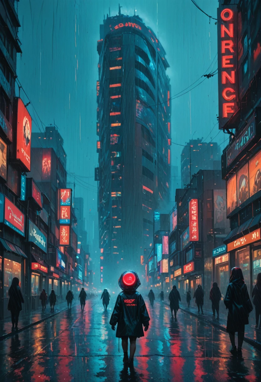 futiristic world, flying ships, cyberpunk style city, neon lights, giant advertising signs, environmental pollution, cyborg women, white and red pill advertising, rain, at night, zoomed image, from afar, people walking, cinema style , high quality, highly detailed, huge skyscraper, girl playing in the rain