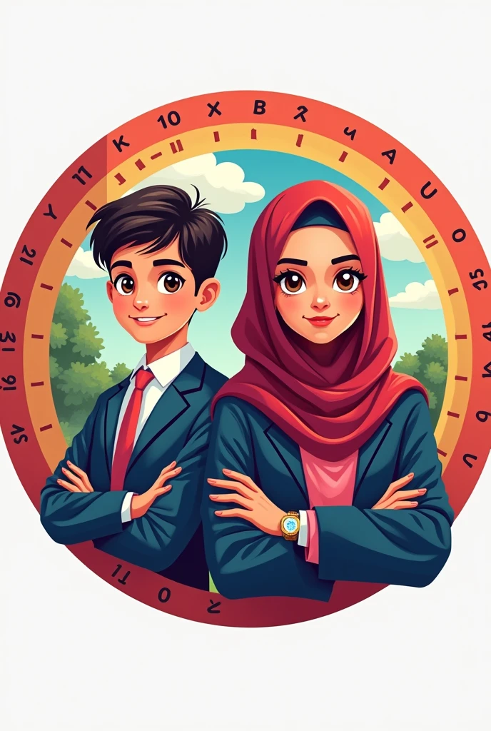 Logo in circle for boy and muslim girl in school expert in multiplication table which called doctor multiplication With stricking background