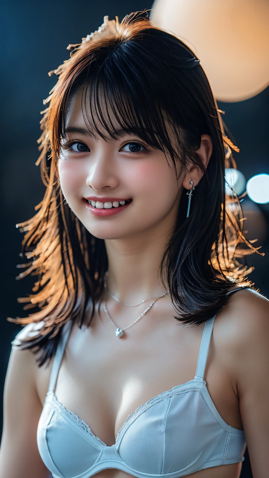 (8k, RAW Photos,Highest quality, High resolution:1.1), (Ultra-realistic:1.4),(Realistic:1.4), Realistic Face,Realistic Body,Realistic Skin,masterpiece,(cute:1.8), Japanese, ((Light blue sexy bra)), Upper Body, Beautiful dark eyes,Innocent eyes,Cinema Lighting,Film Grain,jewelry,Earrings,((Medium Hair:1.1)),Cherry colored lips,Hair Ribbon,ponytail,Audience,Long Hair,,Open your lips,Upper teeth, (Smiling Eyes:0.6),((Grin:1.3)),Blurred Background, Eye focus , Bokeh,young, 85mm lens, Photon Mapping,Radio City,Not small breasts, necklace