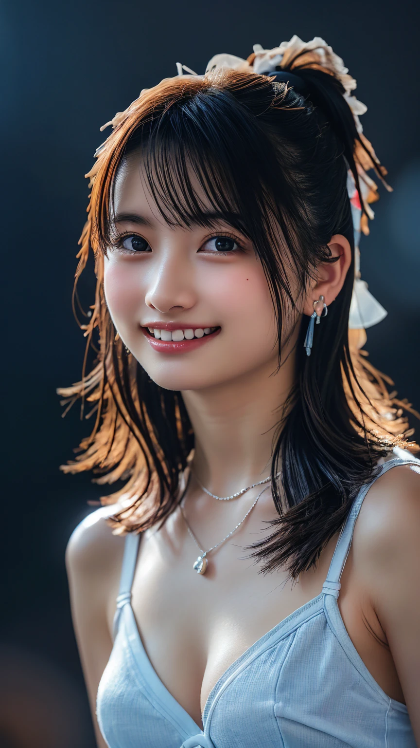 (8k, RAW Photos,Highest quality, High resolution:1.1), (Ultra-realistic:1.4),(Realistic:1.4), Realistic Face,Realistic Body,Realistic Skin,masterpiece,(cute:1.8), Japanese, ((Light blue sexy bra)), Upper Body, Beautiful dark eyes,Innocent eyes,Cinema Lighting,Film Grain,jewelry,Earrings,((Medium Hair:1.1)),Cherry colored lips,Hair Ribbon,ponytail,Audience,Long Hair,,Open your lips,Upper teeth, (Smiling Eyes:0.6),((Grin:1.3)),Blurred Background, Eye focus , Bokeh,young, 85mm lens, Photon Mapping,Radio City,Not small breasts, necklace