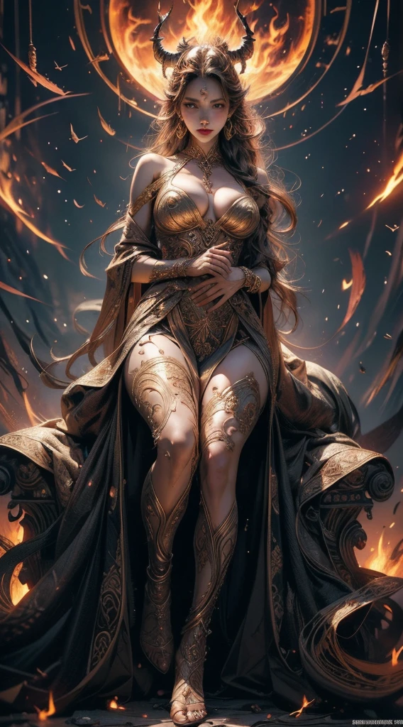 （masterpiece，top quality，Best Quality，official art，beautiful and beautiful：1.2），Scene depicting the Goddess of War in hell with a fiery red horned demon.，She is a big giant，She is a charming princess，She is a strong warrior，fire，Lightning in the sky，magma，At the foot of the mountain，mountains in the distance，(elelementodefire:1.4)，现实的fire，very realistic，correct anatomy，full body shot，convex，nice big breasts，violent house，，Plum，unfulfilled longing，Alone genitalia， camel toe，sexy gesture，，Sex huge breasts cleavage， Alonefoot，sexy gesture，Fist to meat，（zentangle，mandala，Tangled up，enTangled up）（Hairy and fleshy，Alone ，），Married woman，milf，delicate face，美丽delicate eyes，correct anatomy，detailed face, delicate eyes，divine light，gold paper，gold paper艺术，deep bottom，absurd，wonderful and incredible，epic work，(intricate details，ultra detailed:1.2)，Super real photos, epic reality,  ((neutral color)),(pastel colours:1.2), surreal, + spring + dynamic composition, extremely detailed, Sharpen, Normal, warm light, light effect, dramatic light, (intricate details:1.1), complex background, (Greg Rutkovsky:0.8),  (black and red:0.4），