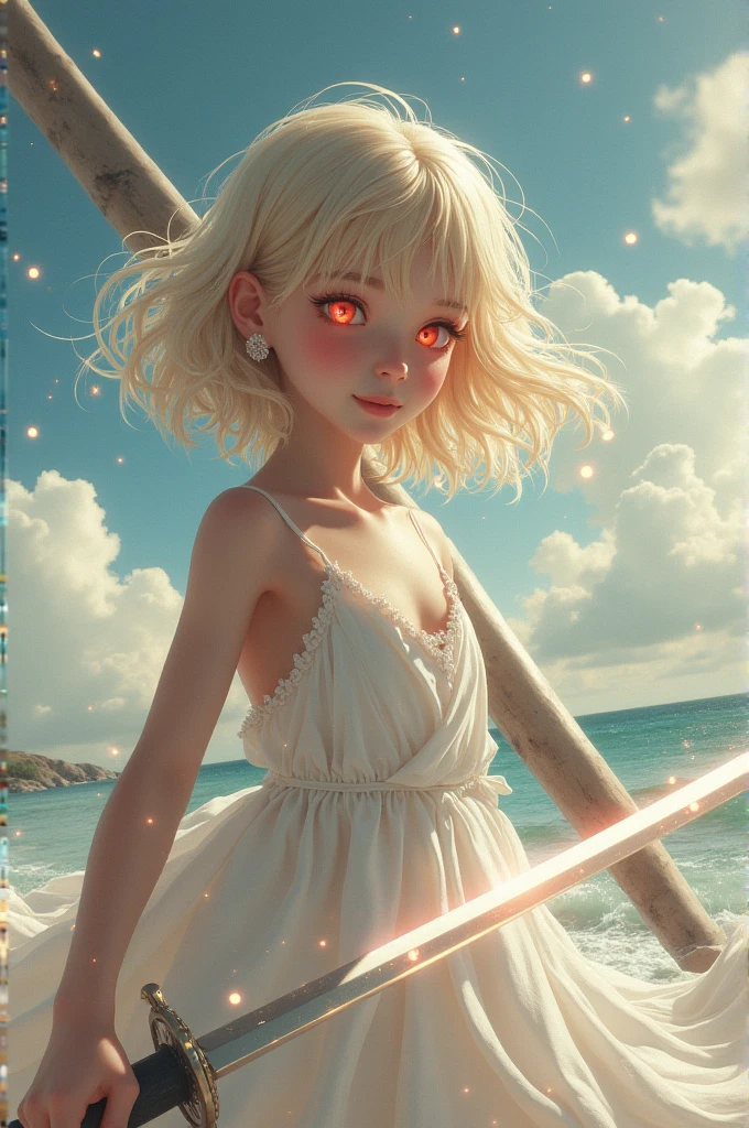 (masterpiece), ((highest quality)), (super detailed), ((very delicate and beautiful)), (incredibly absurd))), (perfect body))), 1 girl, glowing white particles, fighting, holding_sword, blonde bob, red eyes, seventeen years old, outdoor, sky, aura full body, big, white tattered dress, bare shoulders, small smile, sea + background, wind, perfect hands, hand details, modified fingers. Earrings, looking_at_viewer, cowboy shots, rich detail, perfect image quality