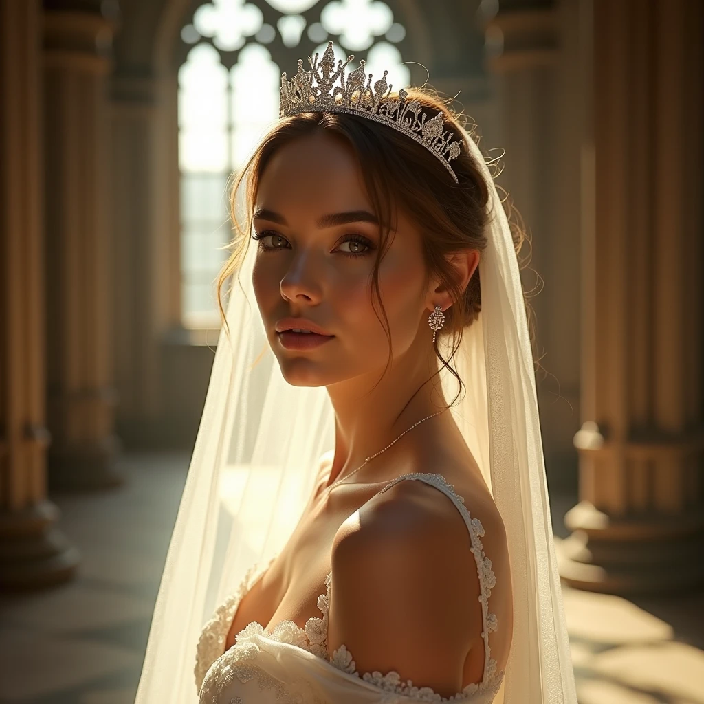 (((from below:1.2))), (((masutepiece:1.35))), (((8K))), (((hight resolution))), (((surrealism))), (((Cinematic lighting))), god rays, Zoom Layer, (((FULL BODYSHOT))), F/4.0, canon, Shiny skin,Detailed skin,Detailed face, Detailed eyes, Beautiful bride goddess, Churches in France, Royal Tiara, see-through wedding dresses, silver earing, In cross, Mystical sight, ((Light shines through stained glass))