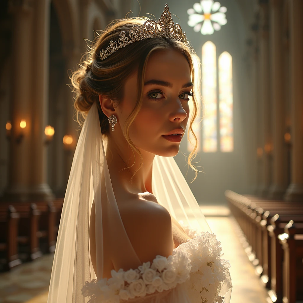 (((from below:1.2))), (((masutepiece:1.35))), (((8K))), (((hight resolution))), (((surrealism))), (((Cinematic lighting))), god rays, Zoom Layer, (((FULL BODYSHOT))), F/4.0, canon, Shiny skin,Detailed skin,Detailed face, Detailed eyes, Beautiful bride goddess, Churches in France, Royal Tiara, see-through wedding dresses, silver earing, In cross, Mystical sight, ((Light shines through stained glass))