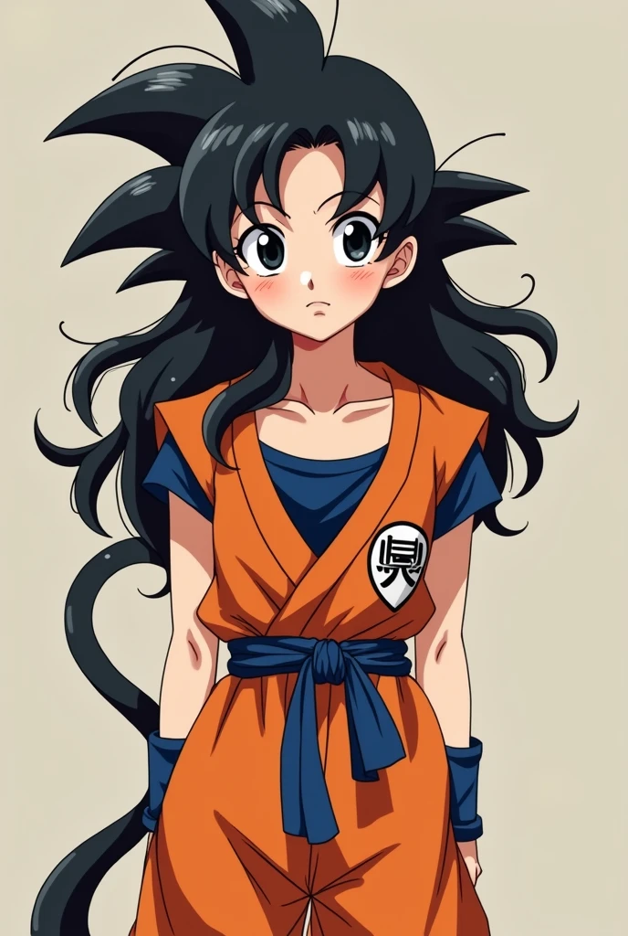 Make a female character with wavy hair, black hair color, long and raised, with light skin color, black eyes and with Goku's tail., with goku's clothes. in the style of the dragon ball series and looking at the camera