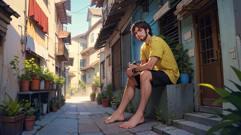 1 person,masterpiece,Highest quality,Detailed Background,alone,40Male,Stubble,whole body,Sitting,barefoot,street,Balcony、nature、comfortable,plant,balcony,Depth of written boundary,