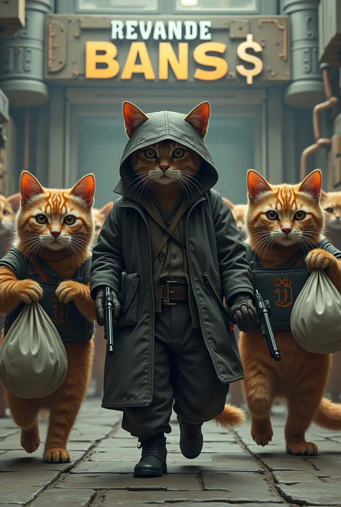 Cat army shoot name sahil maker and robotic  backround Bank and cat in hand gun and bag outside at name text tag 7tw king logo 💰