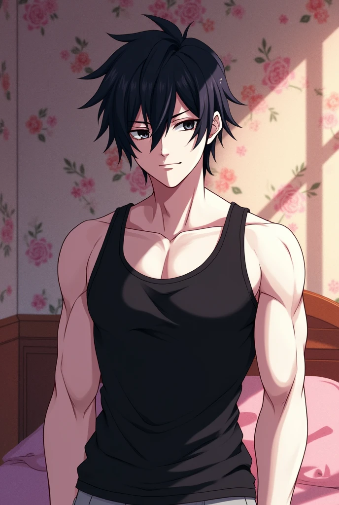 an adult guy, disheveled black hair, slanted black eyes, white skin, muscular body, with a black tank top, background is a feminine room, Counterfeit-V3.0, anime version