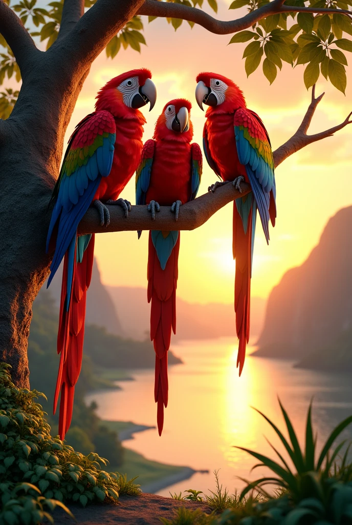 A pair of macaws with their already large babies hanging from a tree on the edge of a river at sunset 