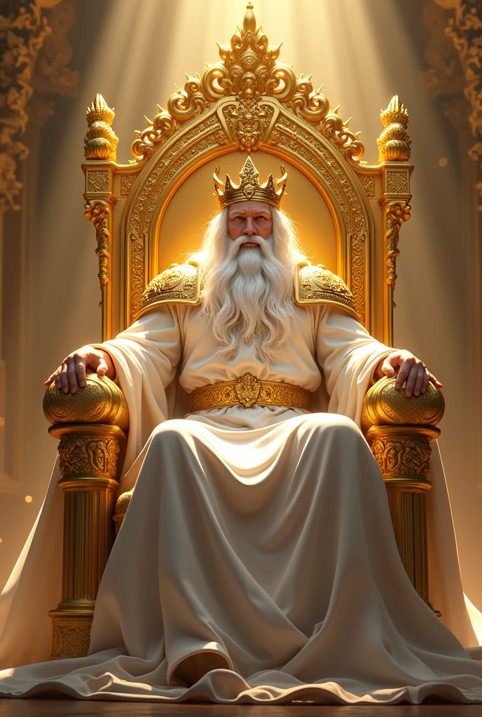 a great king sitting and leaning on a great and exalted throne all of gold, with open arms. This king has a big white beard, very long white hair, white skin and a golden crown on his head. This being has white clothes, a golden belt and shoulder armor. this king is powerful and majestic.
