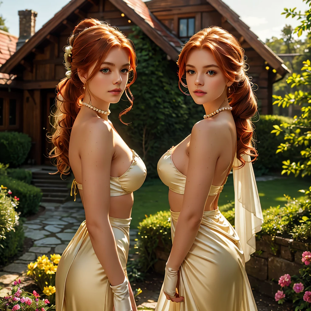 in Bridgerton,1 woman, 41 years, in England 1803, one redhead ((ginger)), one blonde, one brunette, perfect green eyes, long hair with pony tails, sides, built-in and with crown, ((best quality)), ((master piece)), (detailed), perfect face, beautiful, curvy, body, large round breasts, white silk, and gloves, golden and white underware, pearls, jewelry, in front of a castle house, rustic house, night time, flambeau fire, perfect garden, flowers, Prom, one of the woman is topless, sunset hues, golden light,