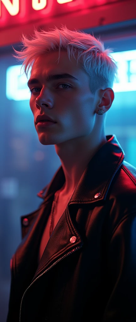 (Best Quality,4k,8k,High resolution,masterpiece:1.2),ultra detailed,sharp focus,(realist,photorealist,fotorrealista:1.37),Fotorrealist, low lighting, alone, Young man, 22 years, Pale skin, Model (skinny:1.3), (short layered platinum blonde hair:1.5), (black leather jacket:1.3), gothic punk clothing, incubus, sexy, (CNTX neon letters:1.4), strip club lighting, very detailed face bdsm background,extremely detailed facial features,hyper realist skin texture,extremely fine details,intricate details,
detailed eyes,detailed nose,detailed lips,Detailed facial expressions,intricate facial anatomy,intense lighting,dramatic lighting,lighting change,cinematic lighting,chiaroscuro lighting,dramatic shadows,dramatic moments,vivid colors,intense colours,Deep contrast,cinematic depth of field,cinematographic composition,cinematic camera angle