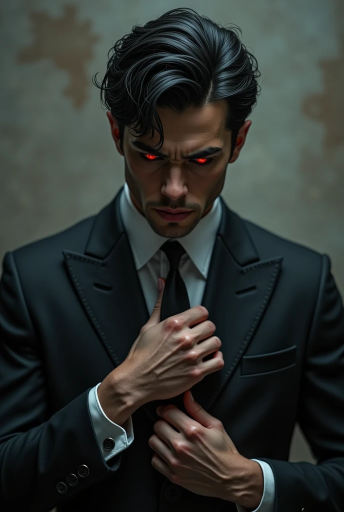 man, very handsome, ((cold expression)), short black hair, red eyes, face perfect without mistakes, ((buttoning his jacket, CEO)