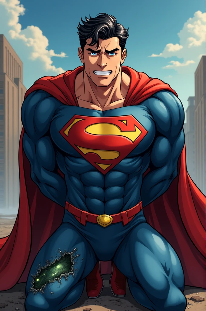 ((best quality)), ((masterpiece)), (detailed), perfect face. Superman, defeated, on his knees, submission, scared, torn hero suit, revealing, anime, kryptonite stone, big bulge in groin area, muscular, handsome, hands behind his back, scared/worried face.