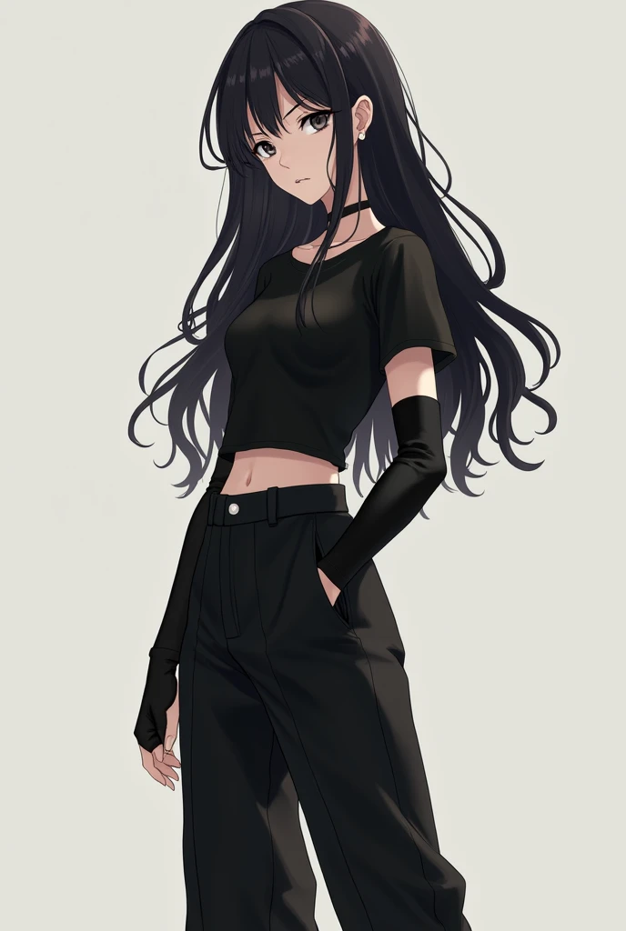 An anime girl with long, loose, wavy black hair reaching her waist with a serious face wearing a black short-sleeved shirt with black nails, black sleeves from the wrist to the elbow, black wide-leg pants, white tennis shoes with pale white skin, feminine