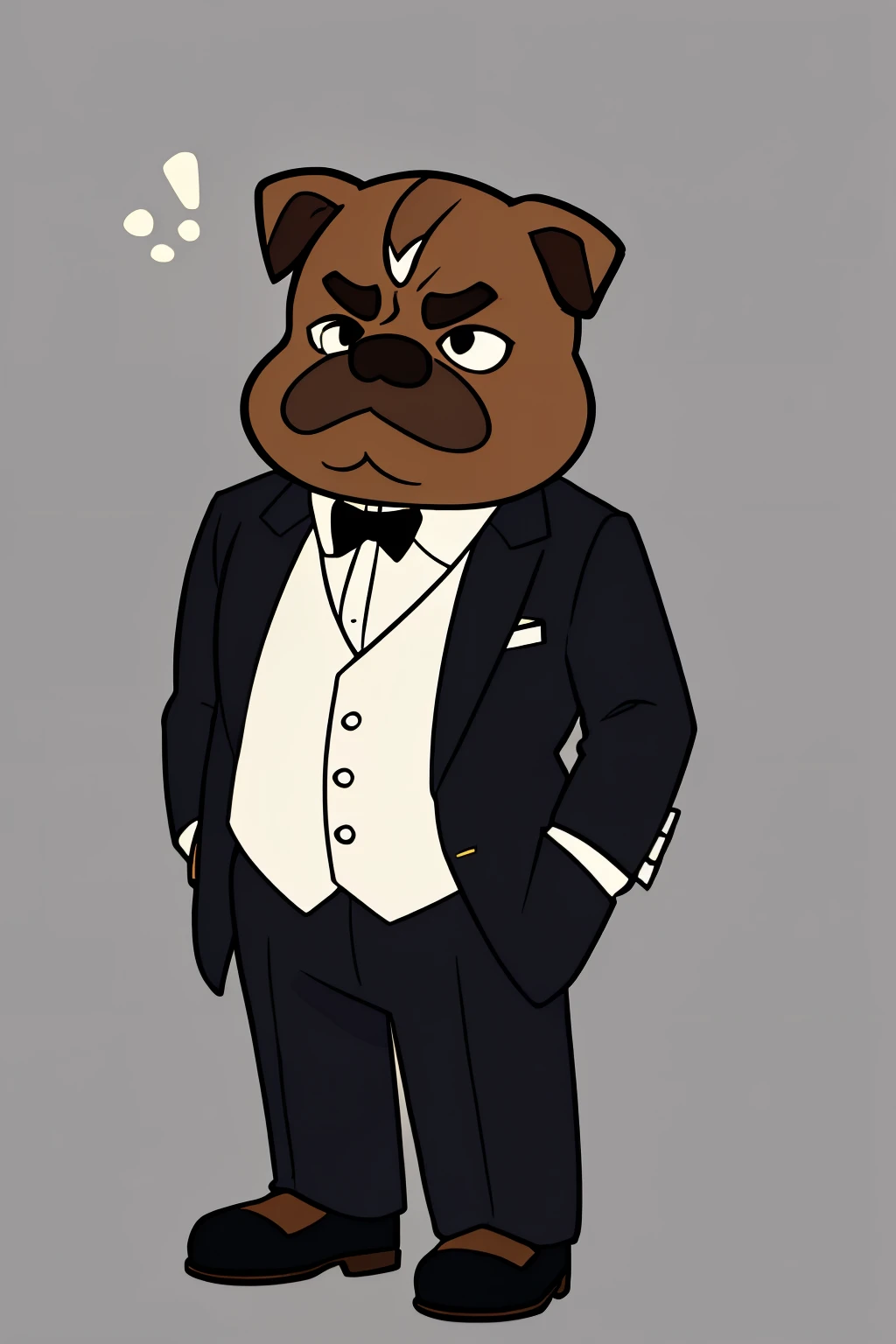 Create a cartoon style image of a short dog, specifically a bulldog, standing on both hind legs. The dog must be wearing a smart suit and tie., adding a touch of sophistication to your look. Keep your face funny and grumpy at the same time, with pronounced wrinkles, a slightly irritated look, but still captivating. The ears should be large and drooping., is corpo, although compact and robust, must have a perfect fit of the suit. Give the pet a confident posture, with a facial expression that mixes stubbornness with charm, and a crooked smile. Use vibrant, contrasting colors to highlight the features of the bulldog and the suit., like shades of brown, blackw, white and a blue or gray suit. The background can be simple, with elements that reinforce the cartoon style and the unique character of the bulldog, like a small executive briefcase or a hanging pocket watch.

