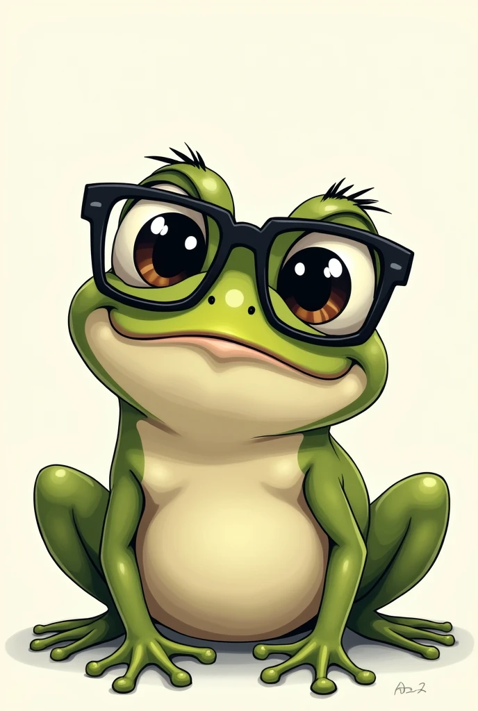 Create a cartoon frog that has black square-framed glasses and wavy hair., black and short