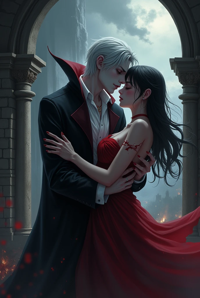 anime humanoid vampire deep castle behind with cover injured woman falling in his arms a war in background and some blood in him front image