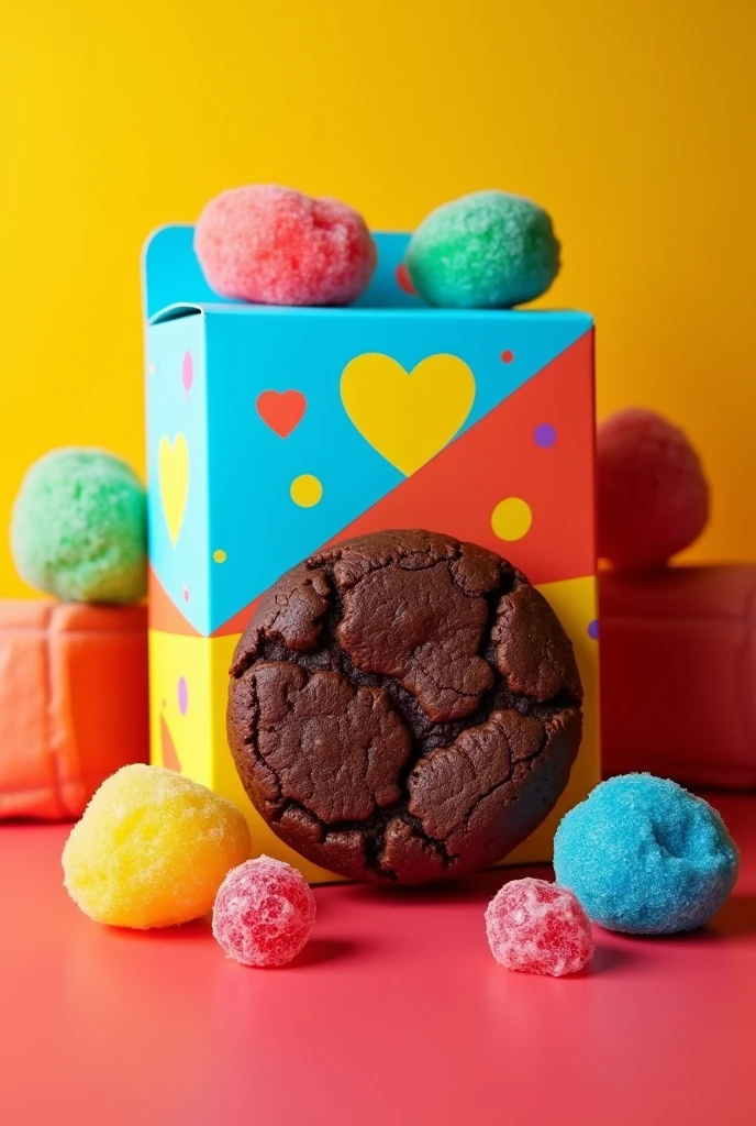 work on an image of a yellow, blue and red cookie packaging for some chocolate cookies with colored gumdrops