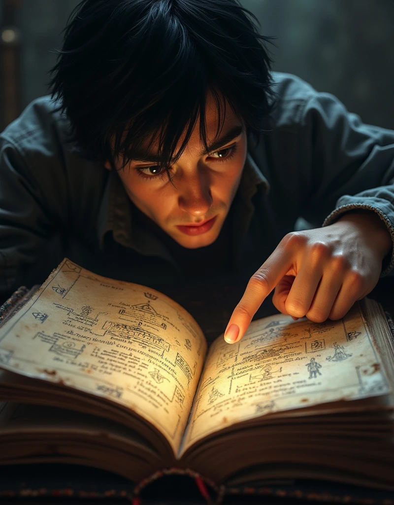 Close-up of an old book open to the page showing a cryptic diagram. Alex (2 young man, delgado, with messy black hair and dark eyes and wears glasses) points to a symbol.