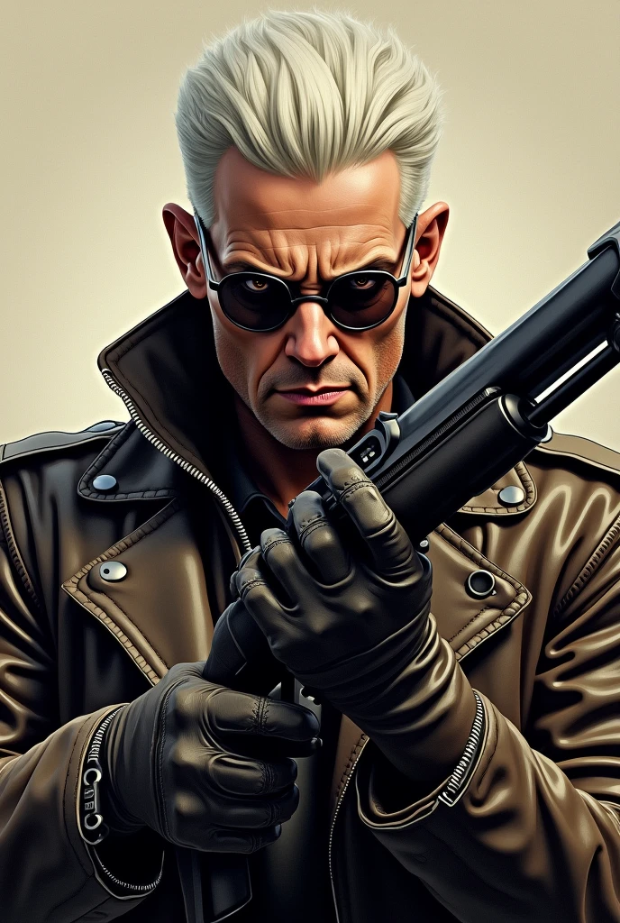 I want an illustration of Michael Des Barres with the face just like the actor, like Murdoc, with short white hair a leather biker jacket leather gloves, transparent lenses ,Brown eyes and a rifle in his hands