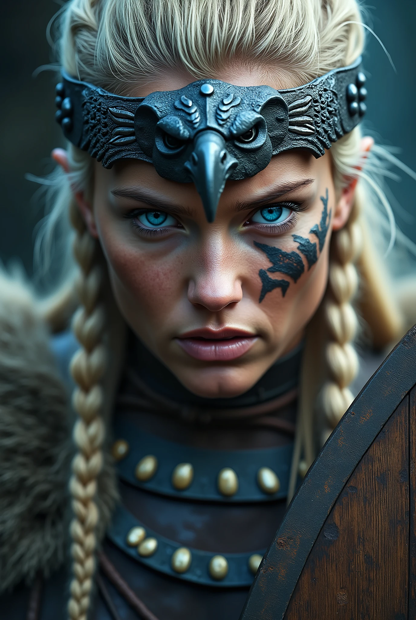 Close up face beautiful viking woman, wooden shield in hand , strong blue light in the eyes, eagle crown with many details , viking face paintings, Angry, bone necklace around the neck, battle armor, yelling, braids in hair, blonde, looking 3
