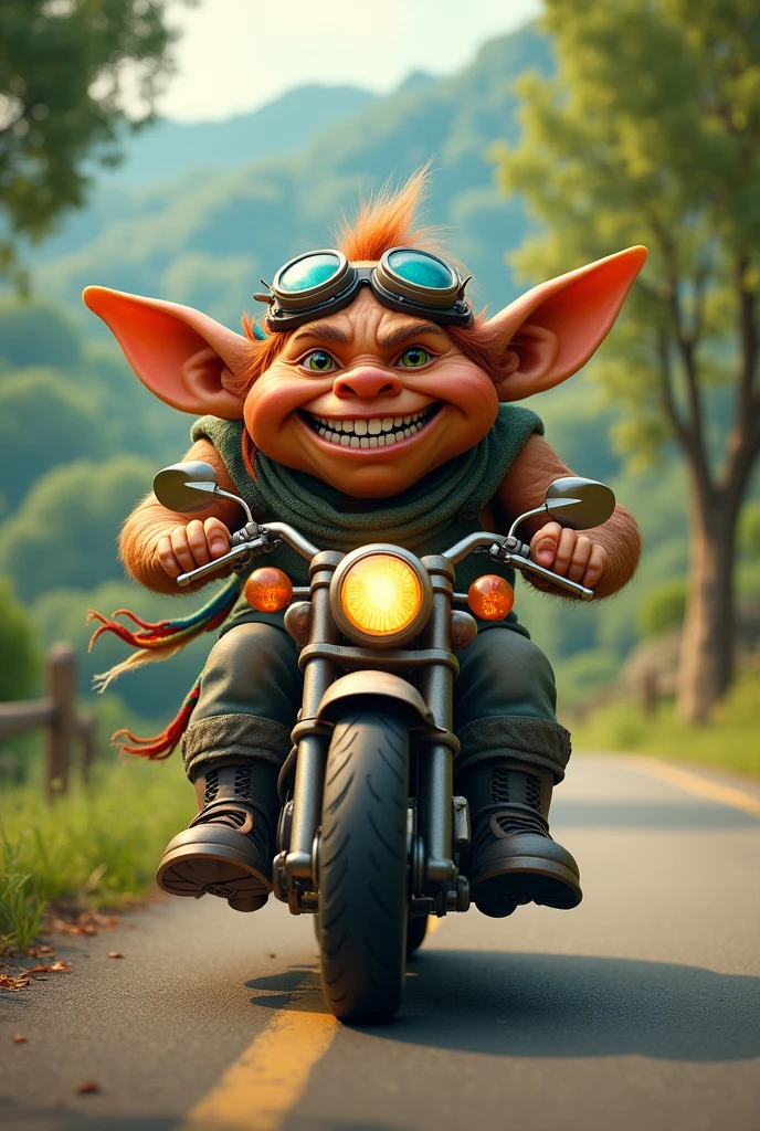 A friendly troll driving a motorcycle 