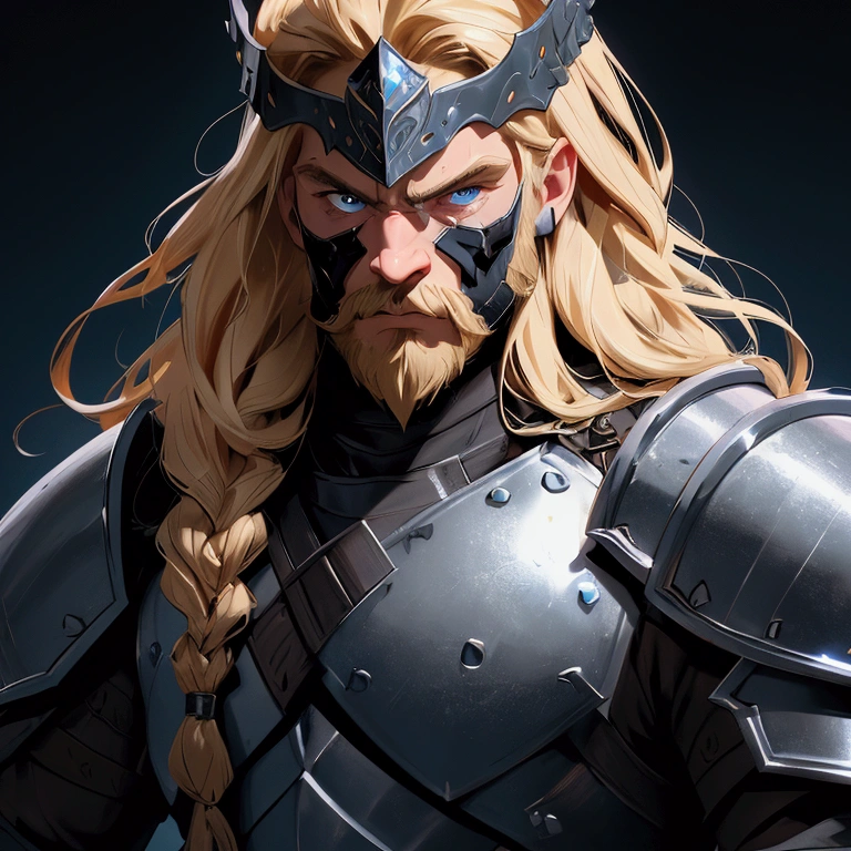 envision a 8k, highres, cinematic close up portrait of a strong face fierce warrior posing for battle with a muscular body, big beard with sleek long flowing blonde hair, and blue eyes wearing open chest leather armor with armor shoulder plates, and a skull crown face mask effects against a dark gray background