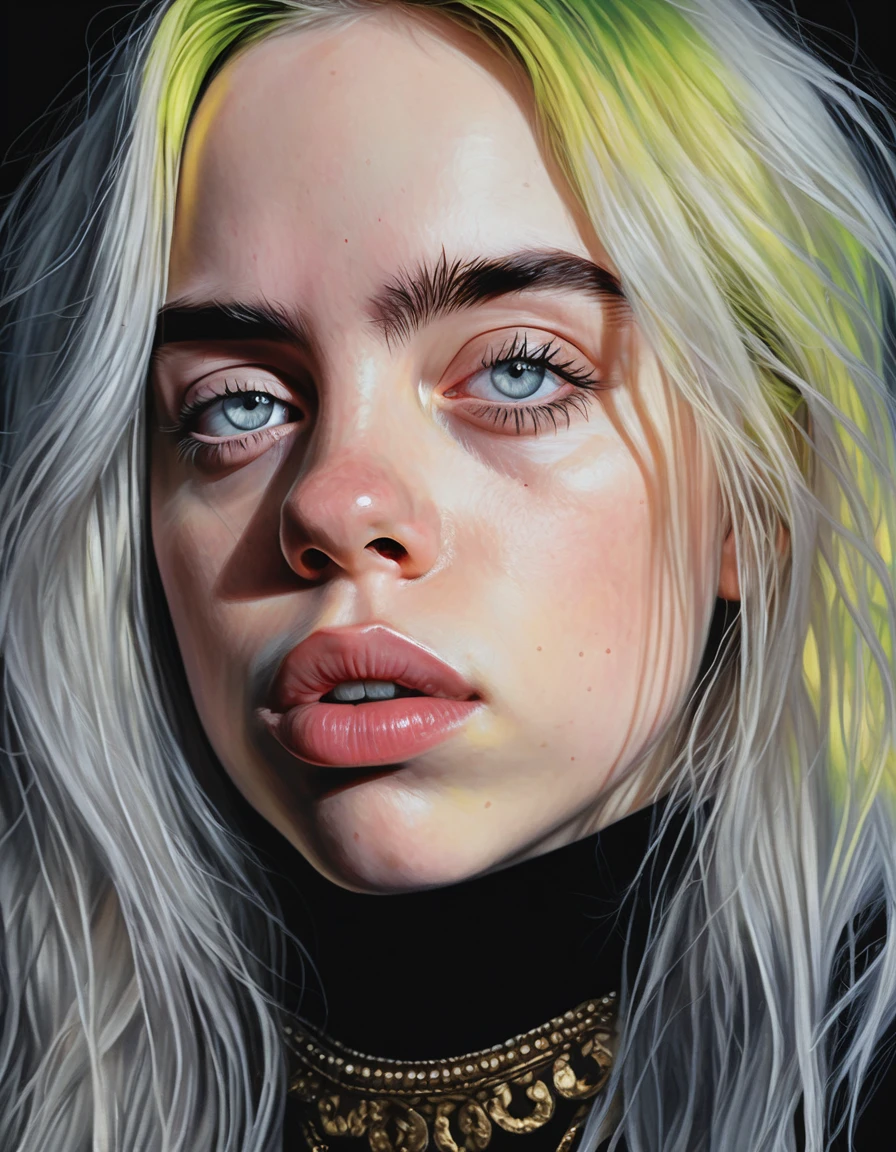 a realistic portrait of billie eilish, beautiful detailed eyes, beautiful detailed lips, extremely detailed face and skin, long eyelashes, wearing a tight black dress, dramatic lighting, highly detailed, cinematic, digital painting, photorealistic, 8k, best quality