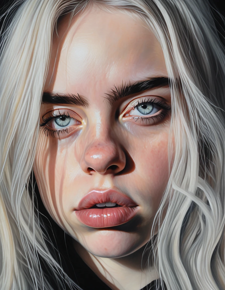 a realistic portrait of billie eilish, beautiful detailed eyes, beautiful detailed lips, extremely detailed face and skin, long eyelashes, wearing a tight black dress, dramatic lighting, highly detailed, cinematic, digital painting, photorealistic, 8k, best quality